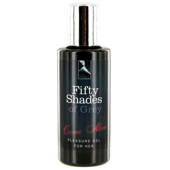 Zwarte fles Fifty Shades of Grey Pleasure Gel For Her met zilveren dop en elegante witte en rode tekst
