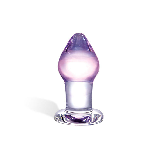 Amethyst glazen buttplug in paars-transparant kleurverloop met brede ronde basis.