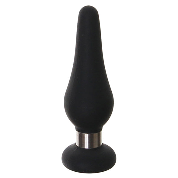 Kleine zwarte siliconen buttplug voor beginners, druppelvorm met zilverkleurige metalen ring.