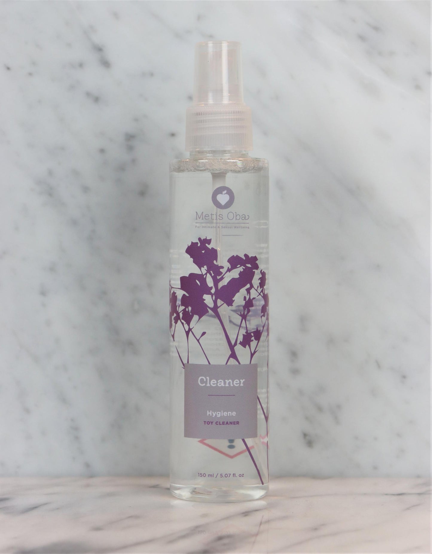 Transparante sprayfles Metis Oba toy cleaner 150 ml met paarse bloemenprint