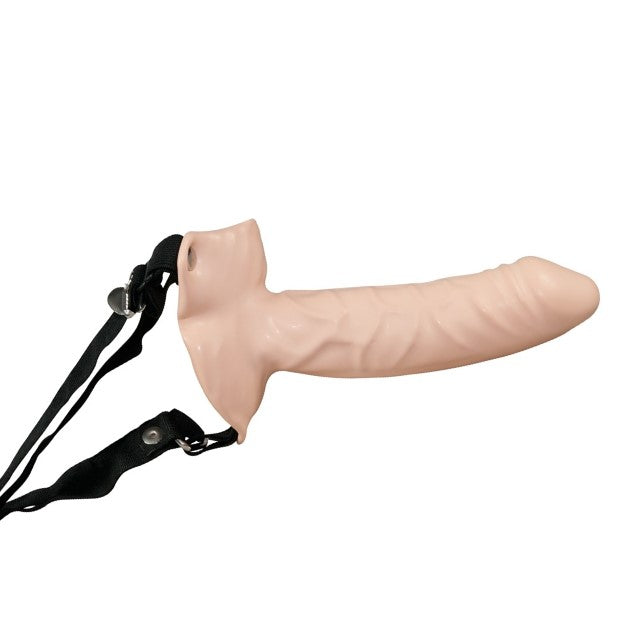 Huidskleurige holle strap-on 15 cm met half stevig verlengend ontwerp en zwarte riemen