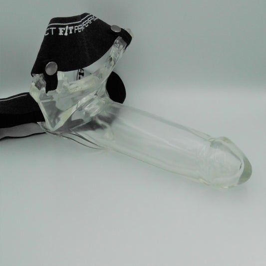 Zijaanzicht transparante prothese aan Perfect Fit harnas, liggend op vlak oppervlak