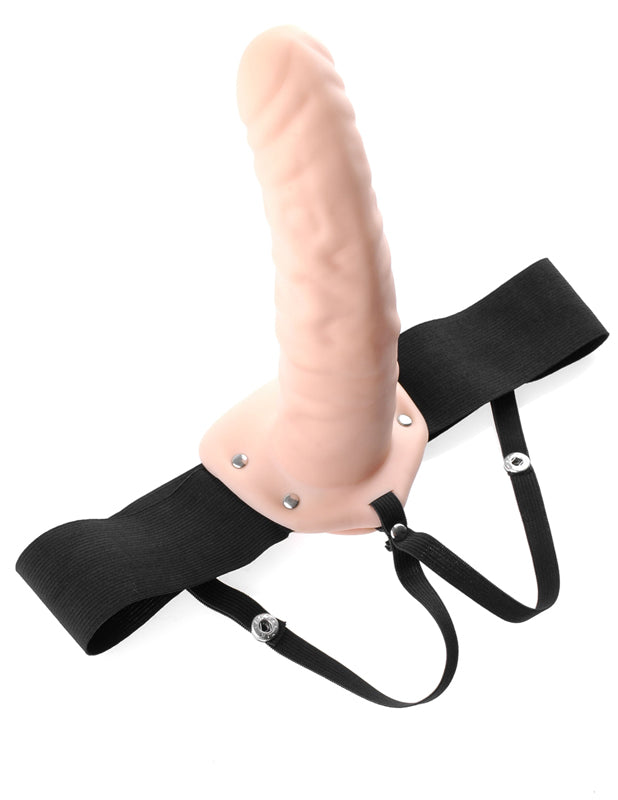 Zijaanzicht zwarte holle strap-on met verstelbare banden en ergonomische vorm, 20 cm uitvoering