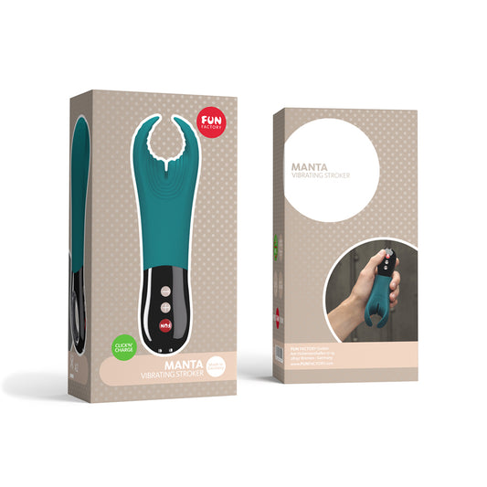 Fun Factory Manta Vibrating Stroker verpakking met voor- en achterkant in petrolblauw