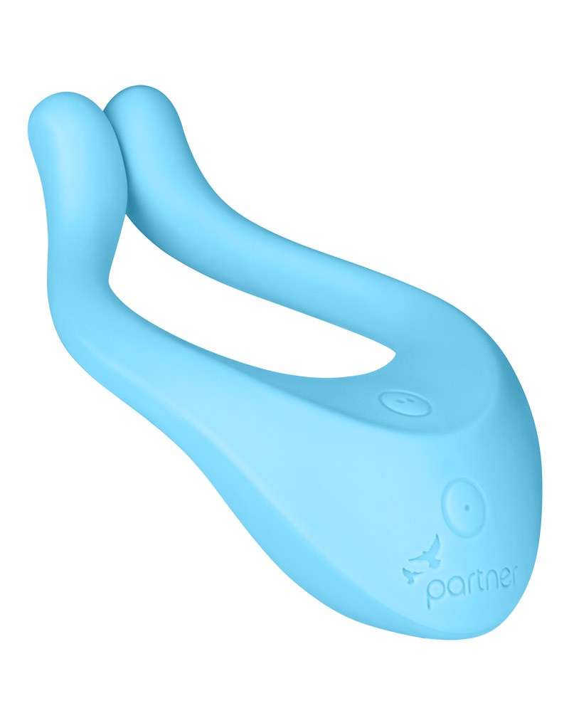 Satisfyer Partner Multifun 1 lichtblauwe koppelvibrator met twee flexibele armen en bedieningsknop