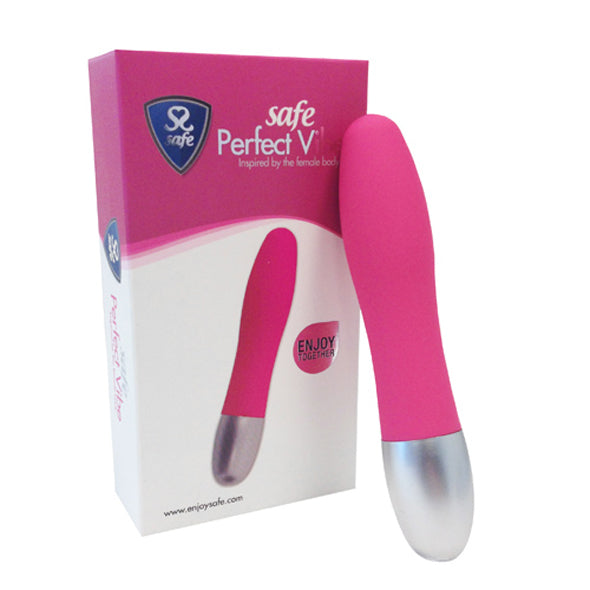 Roze Safe Perfect Vibrator met zilverkleurig handvat naast bijpassende roze-witte productverpakking